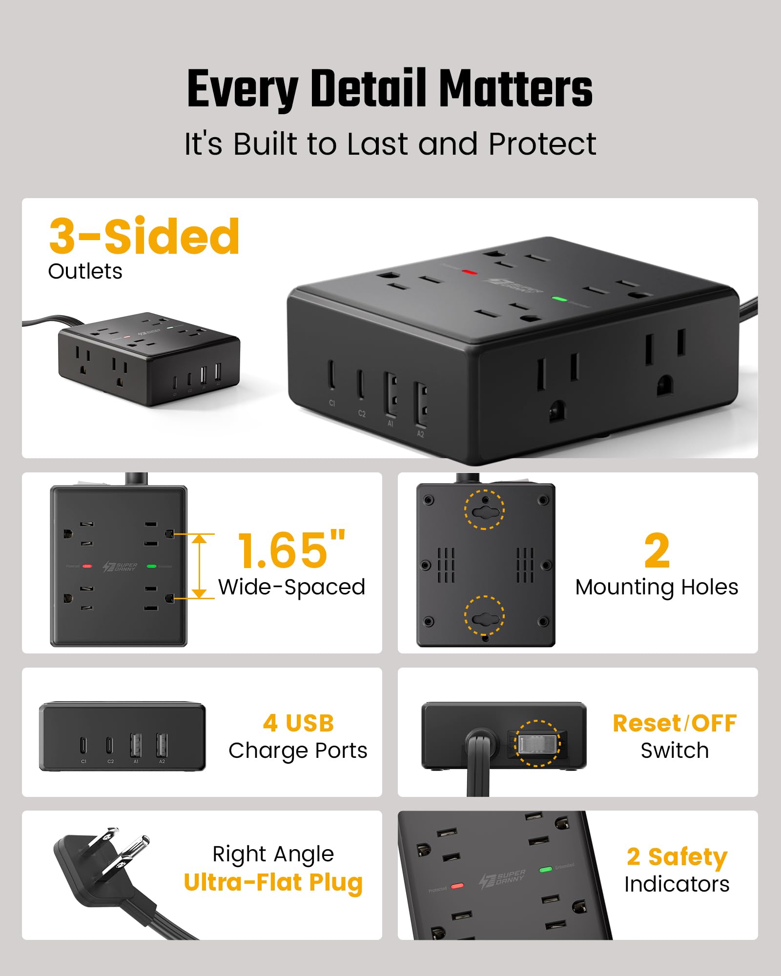 SUPERDANNY safety labels and housing emphasizing surge and fire-retardant features