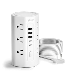 SUPERDANNY tower front view showing outlets and USB ports for clutter-free charging