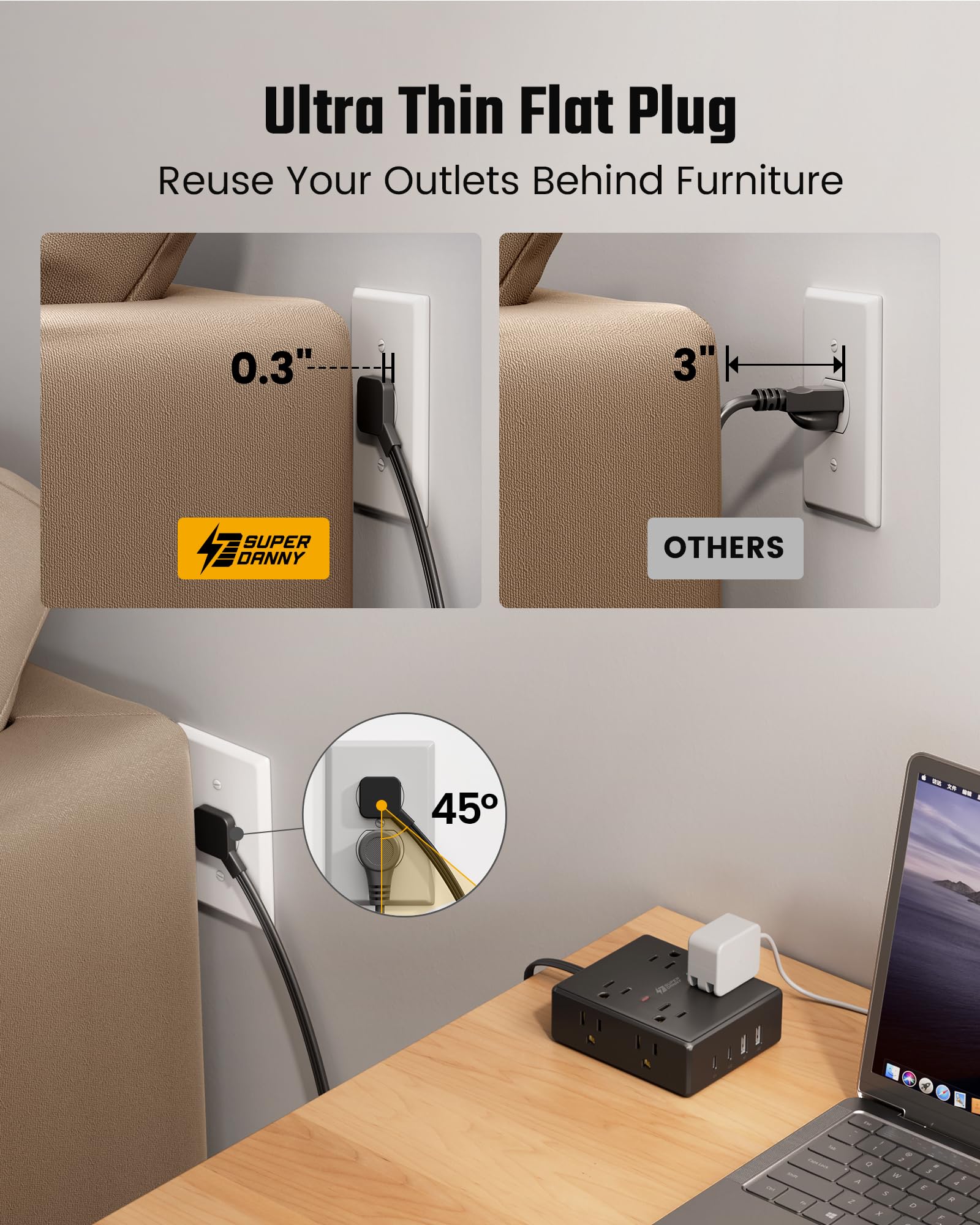 SUPERDANNY USB-C and USB-A ports detail for fast device charging