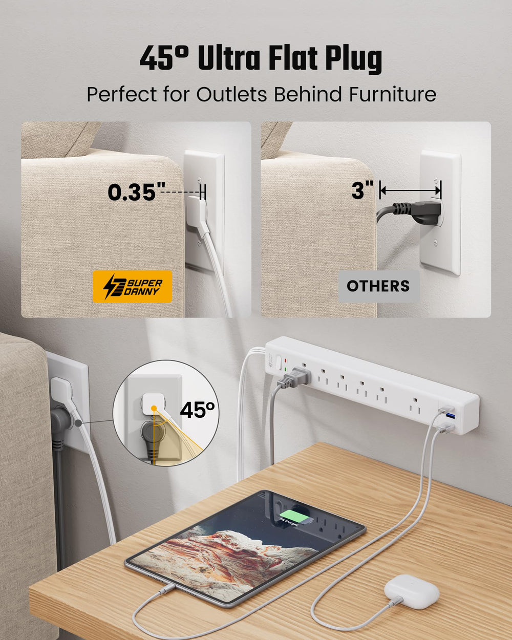 SUPERDANNY USB-A and USB-C ports detail for fast direct device charging