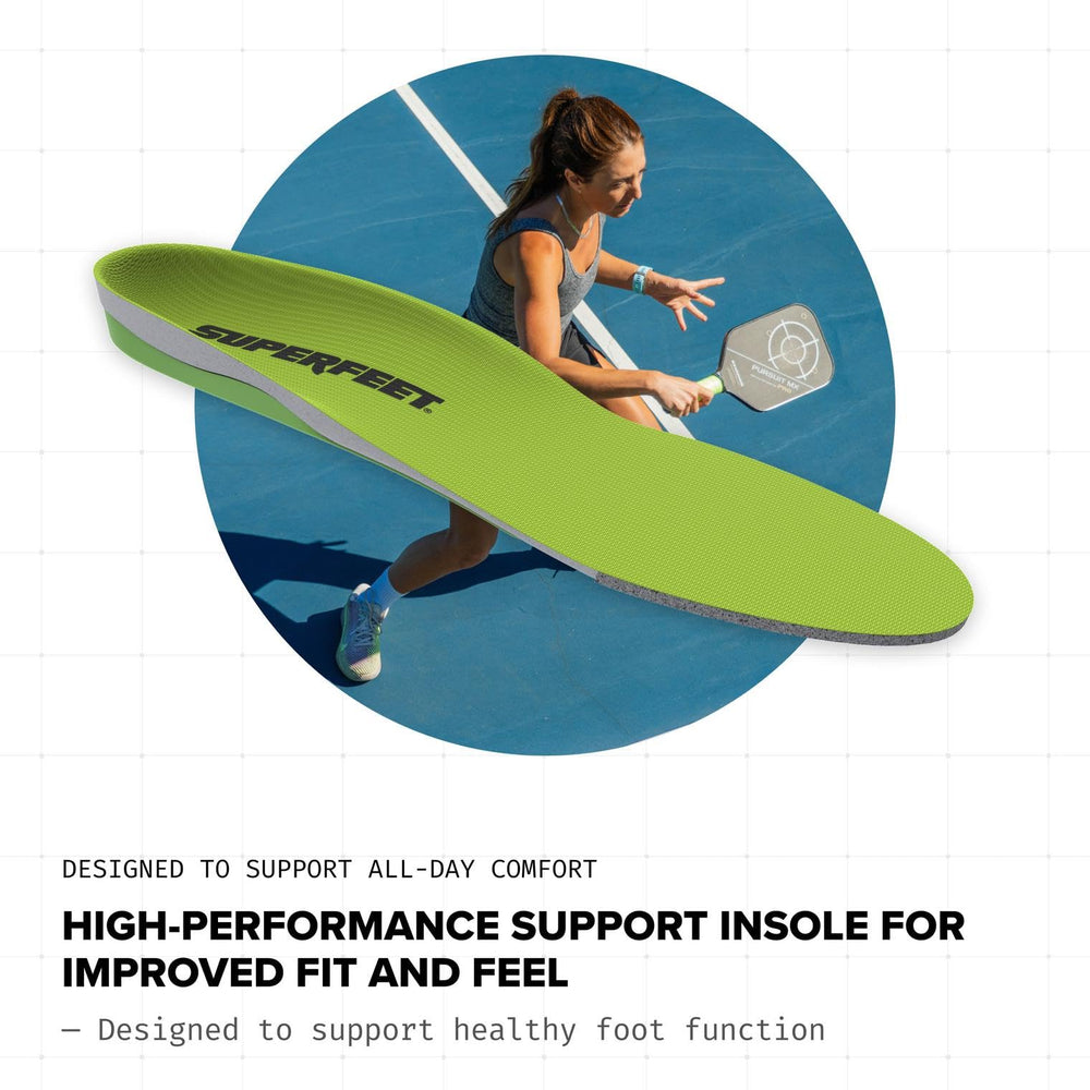 Superfeet insoles installed in running shoes providing structured arch support