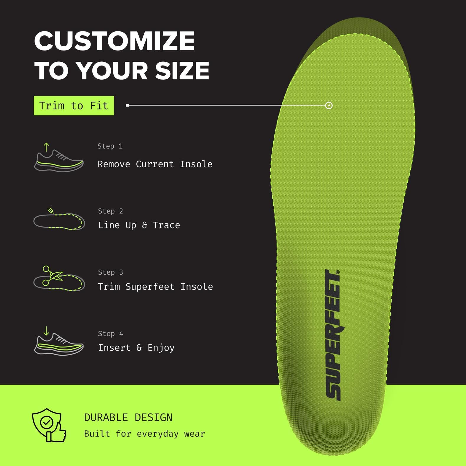 Superfeet insole next to ruler showing trim-to-fit sizing advantage