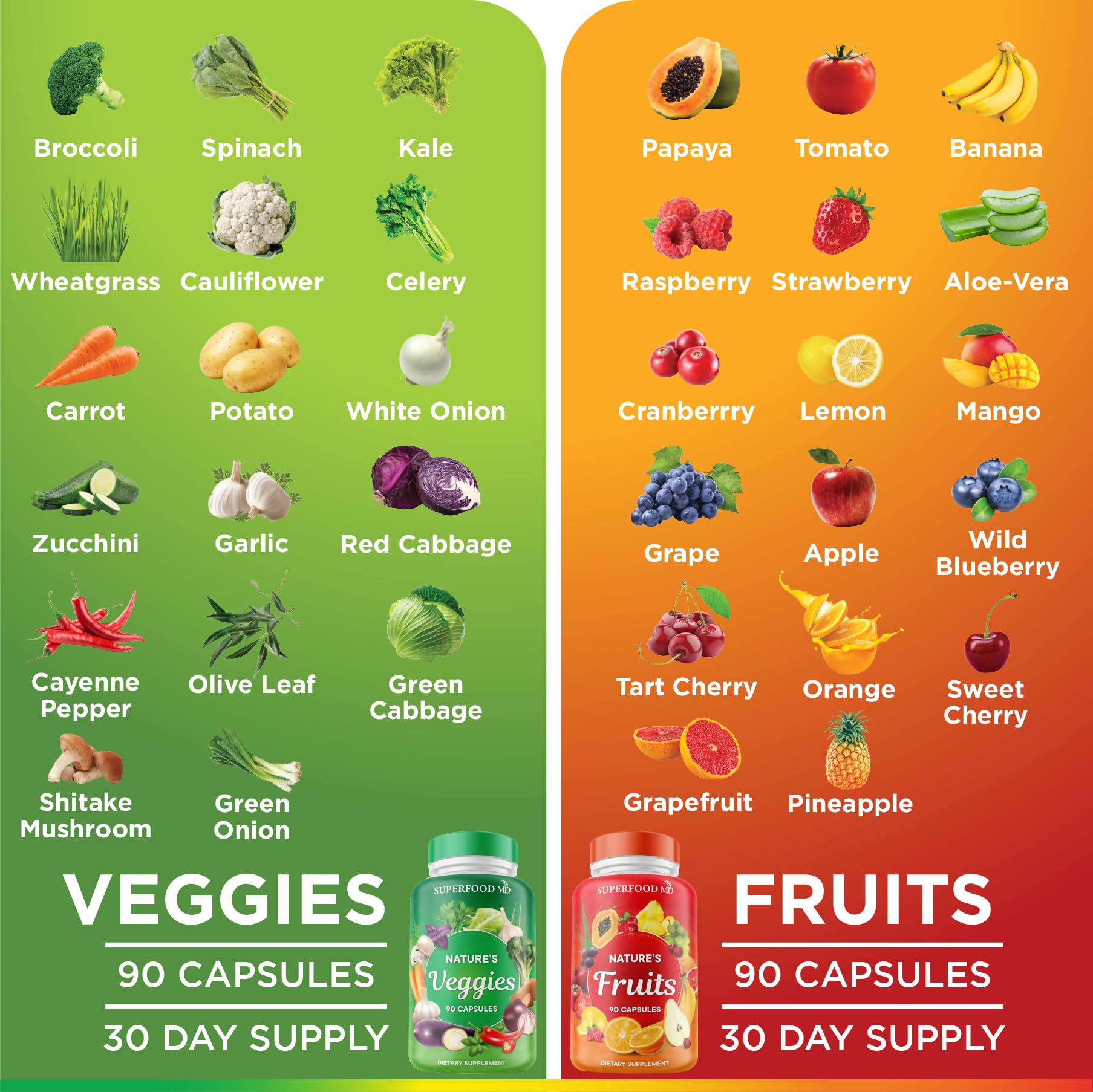 Superfood MD bottle open with capsules spilling to show serving readiness