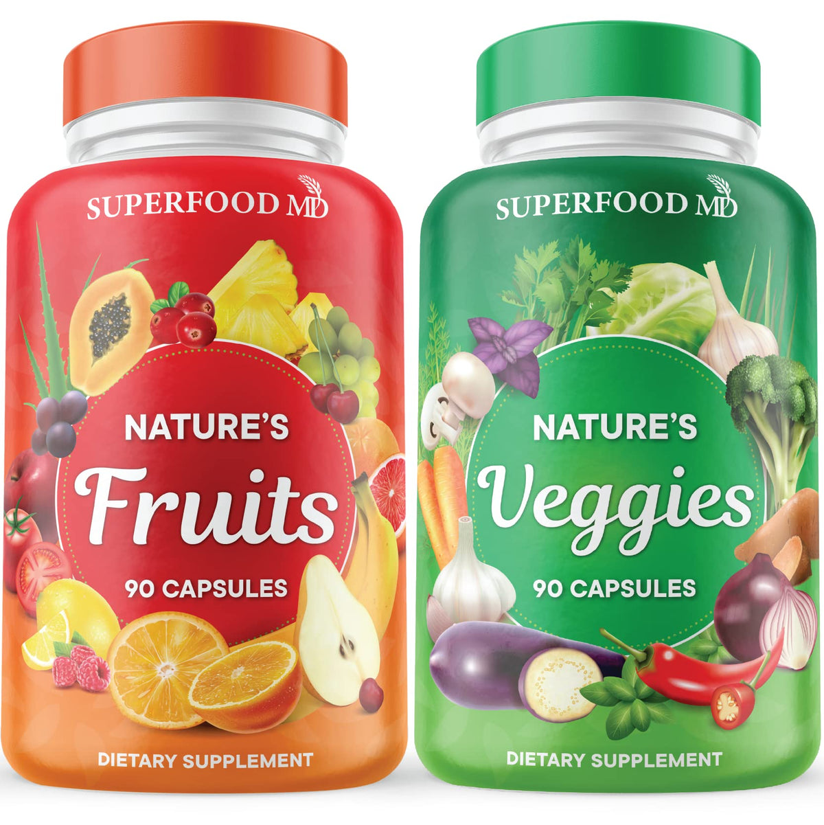 Superfood MD front packaging showing two 90-count bottles and product benefits