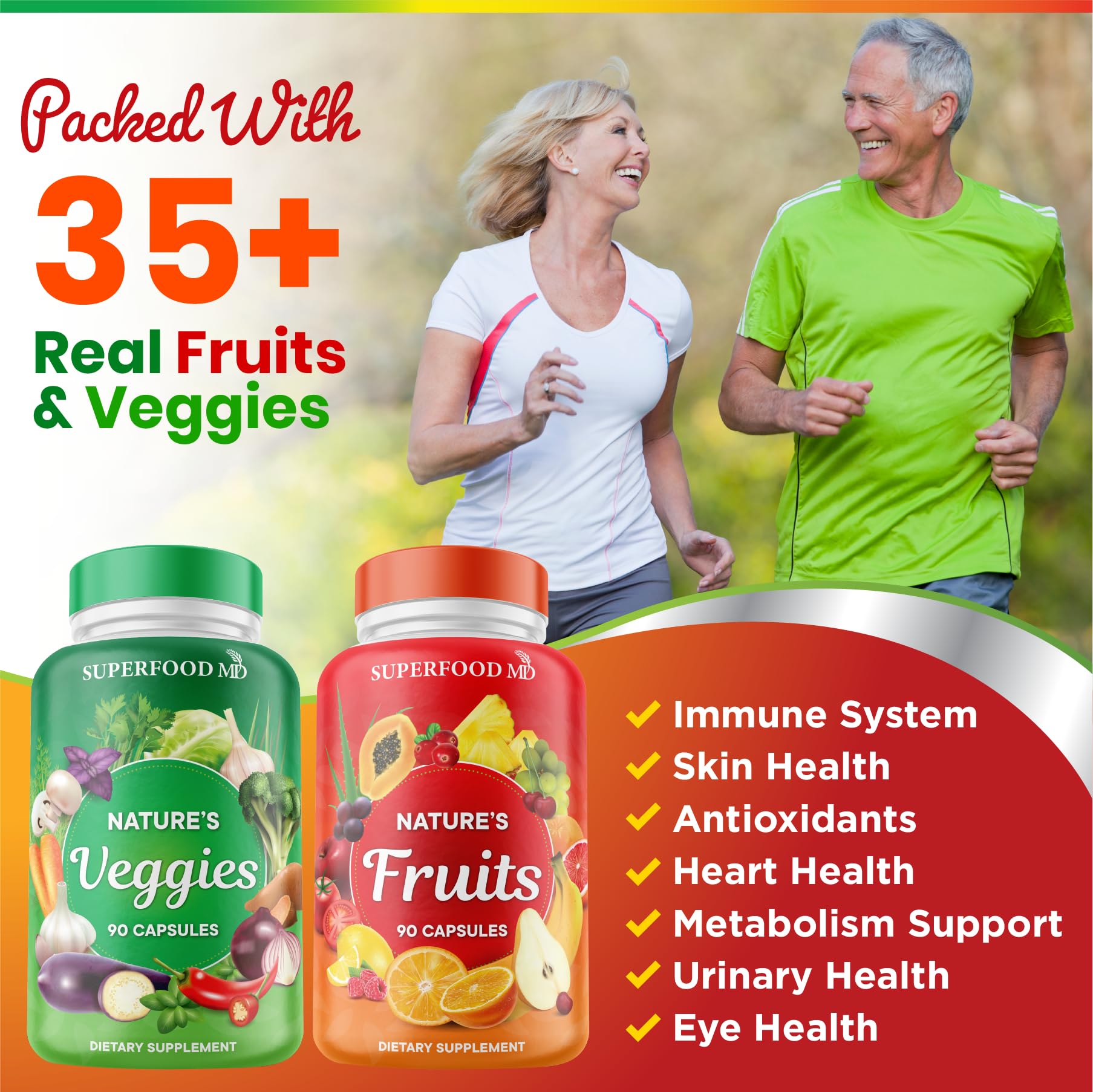 Superfood MD ingredient blend powder highlighting mixed fruits and vegetables