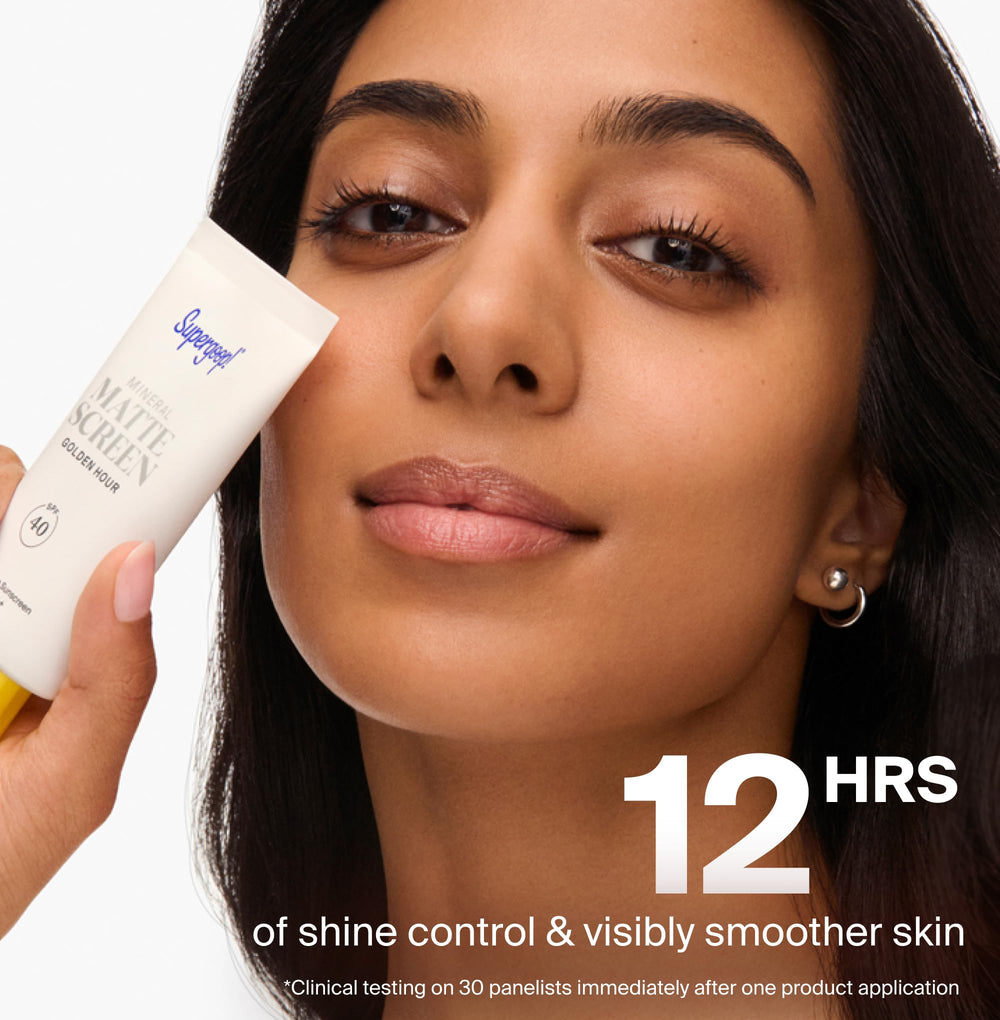 Supergoop! Mattescreen applied in natural light demonstrating matte, poreless appearance