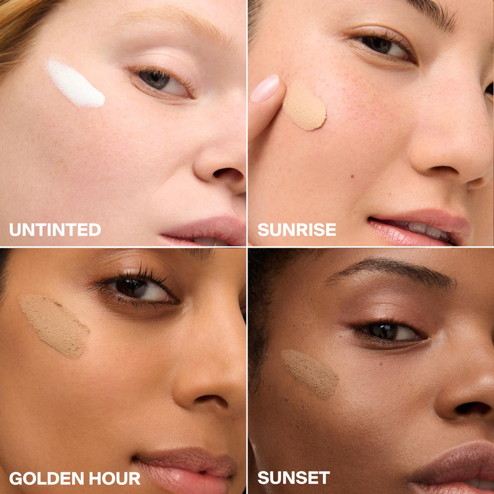 Supergoop! Mattescreen next to makeup brushes demonstrating primer compatibility