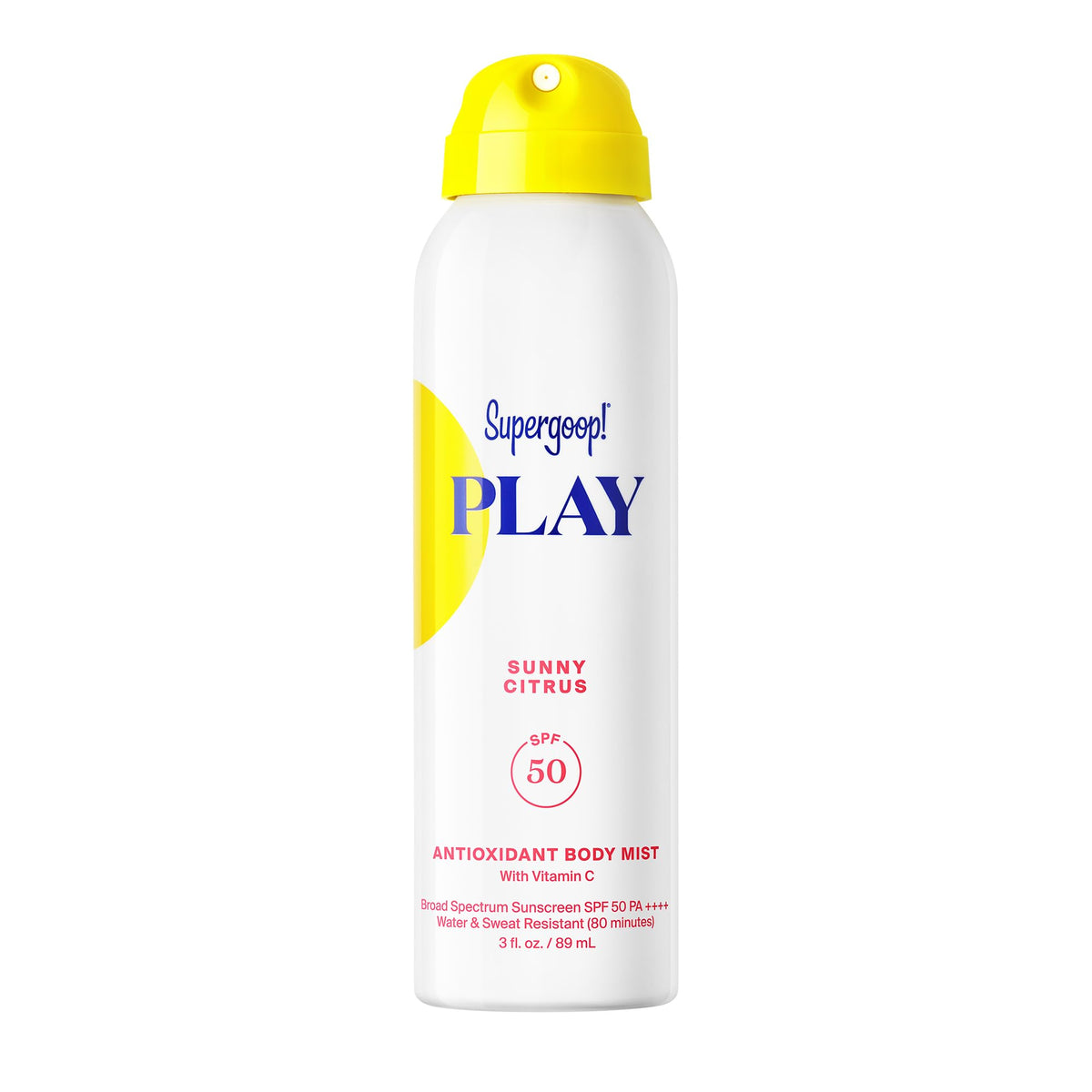 Supergoop! front packaging showing SPF 50 and sunny citrus scent for protection