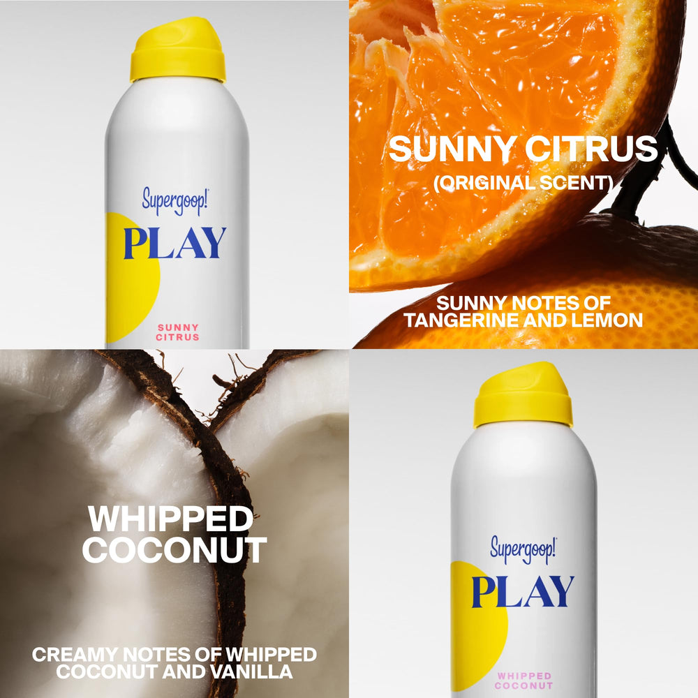 Supergoop! bottle on beach towel lifestyle shot for active outdoor days