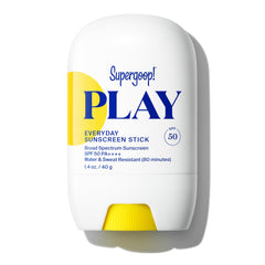 Supergoop! front packaging showing compact sunscreen stick and travel-ready size