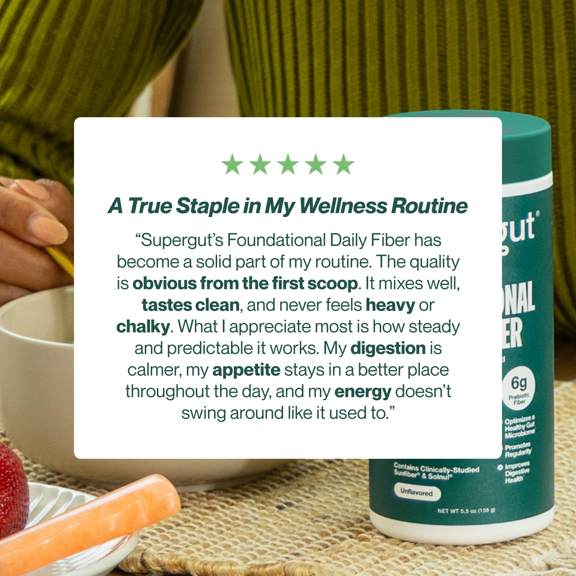Supergut in kitchen scene with breakfast items, integrates into daily routines