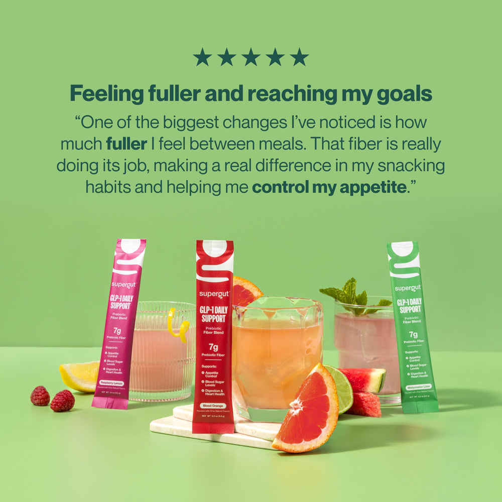 Supergut drink poured over ice in lifestyle setting, promoting on-the-go refreshment