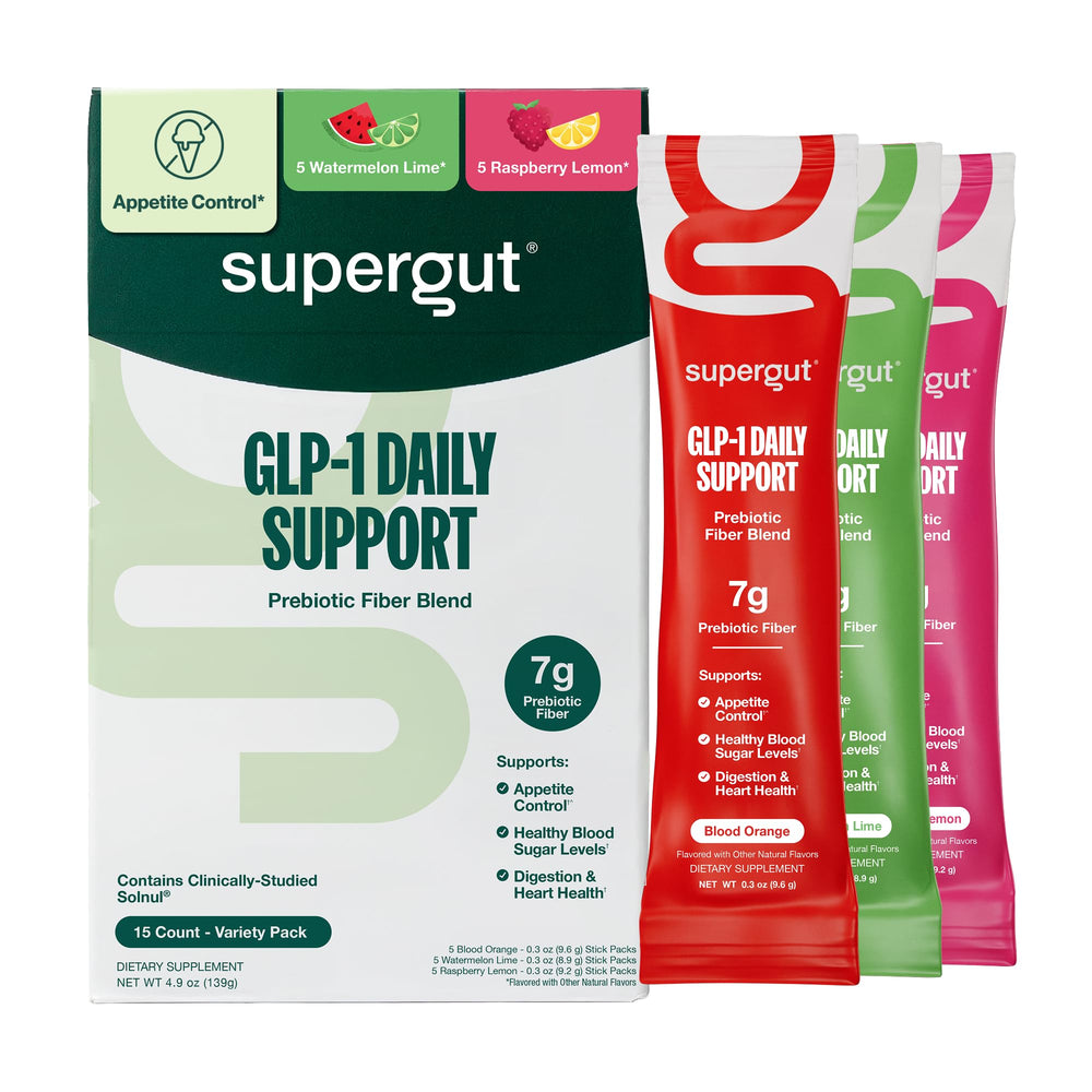Supergut variety pack front view showing sachets and brand, supports consistent fiber intake