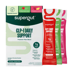 Supergut variety pack front view showing sachets and brand, supports consistent fiber intake
