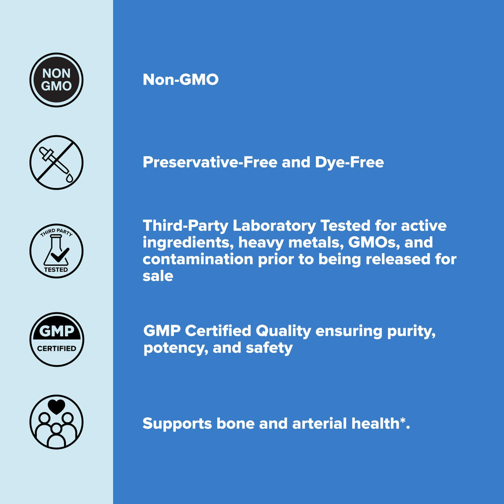 Superior Source infographic of K2 MK‑7 and D3 benefits and dose per tablet