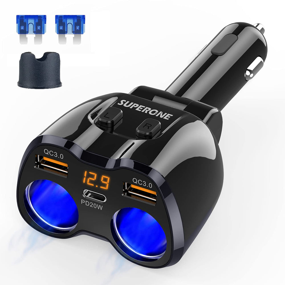 SUPERONE front view showing dual sockets and USB ports for versatile power