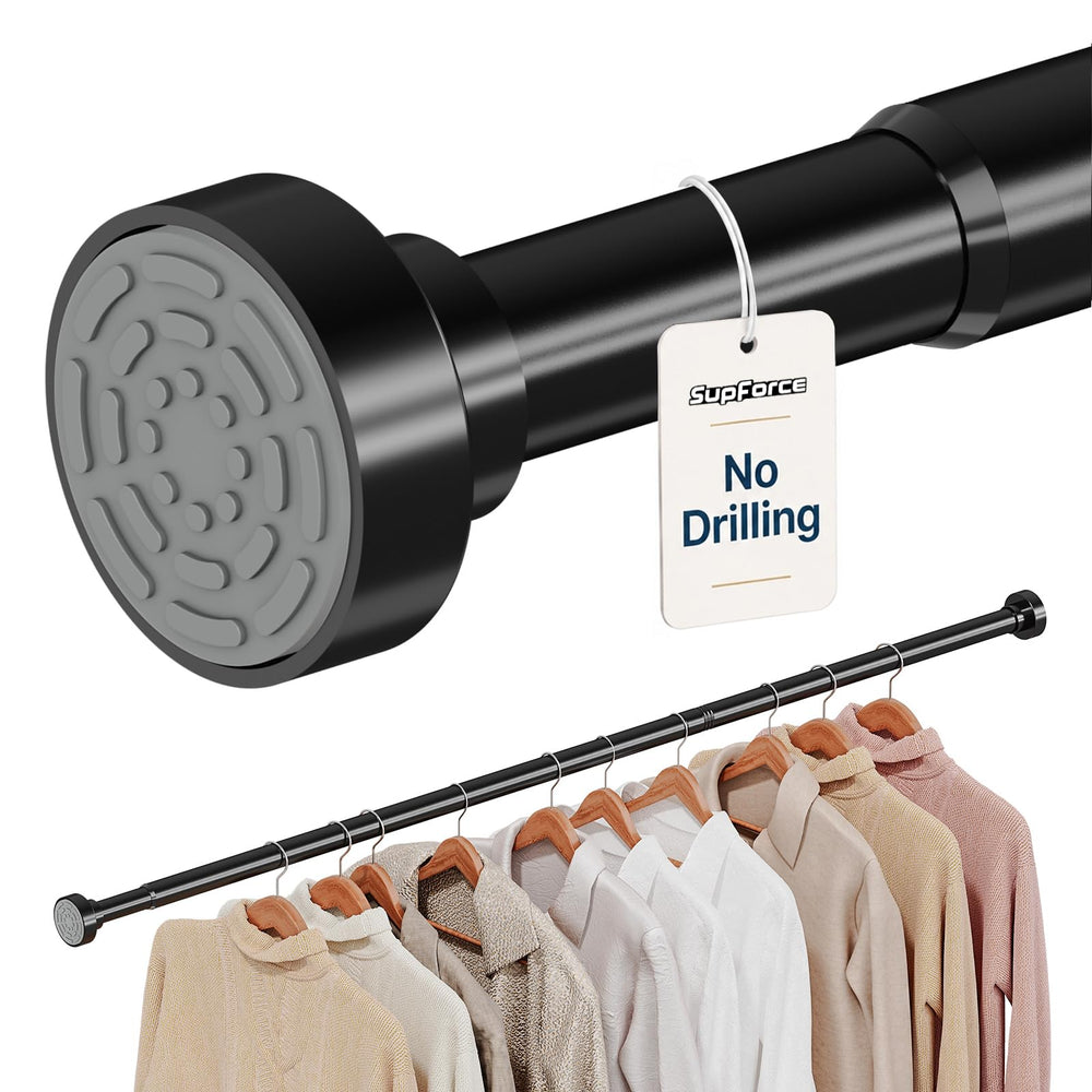 Supforce front view of black adjustable rod showing sleek profile and easy installation benefit