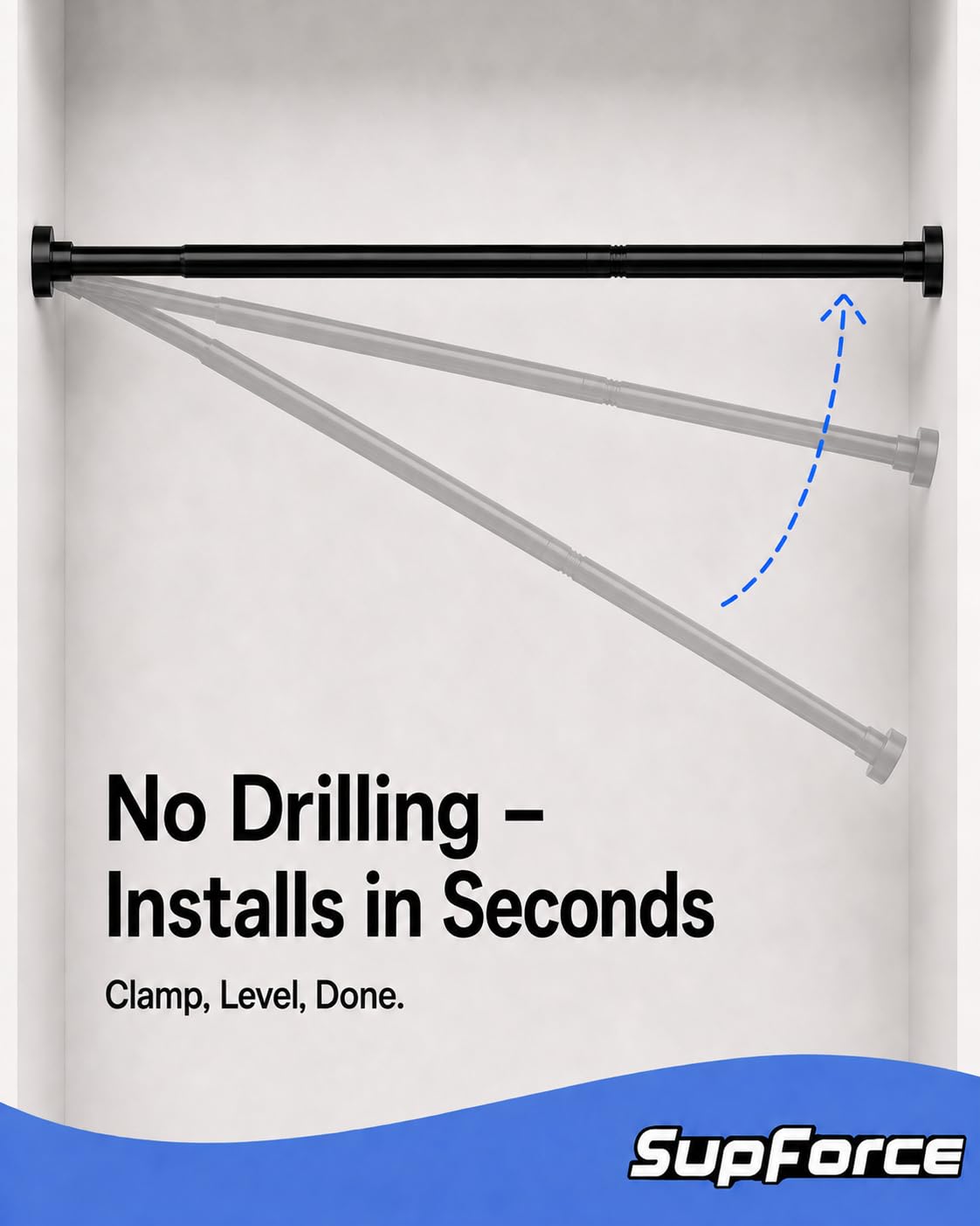 Supforce rod mounted in a bedroom closet showing increased hanging space benefit