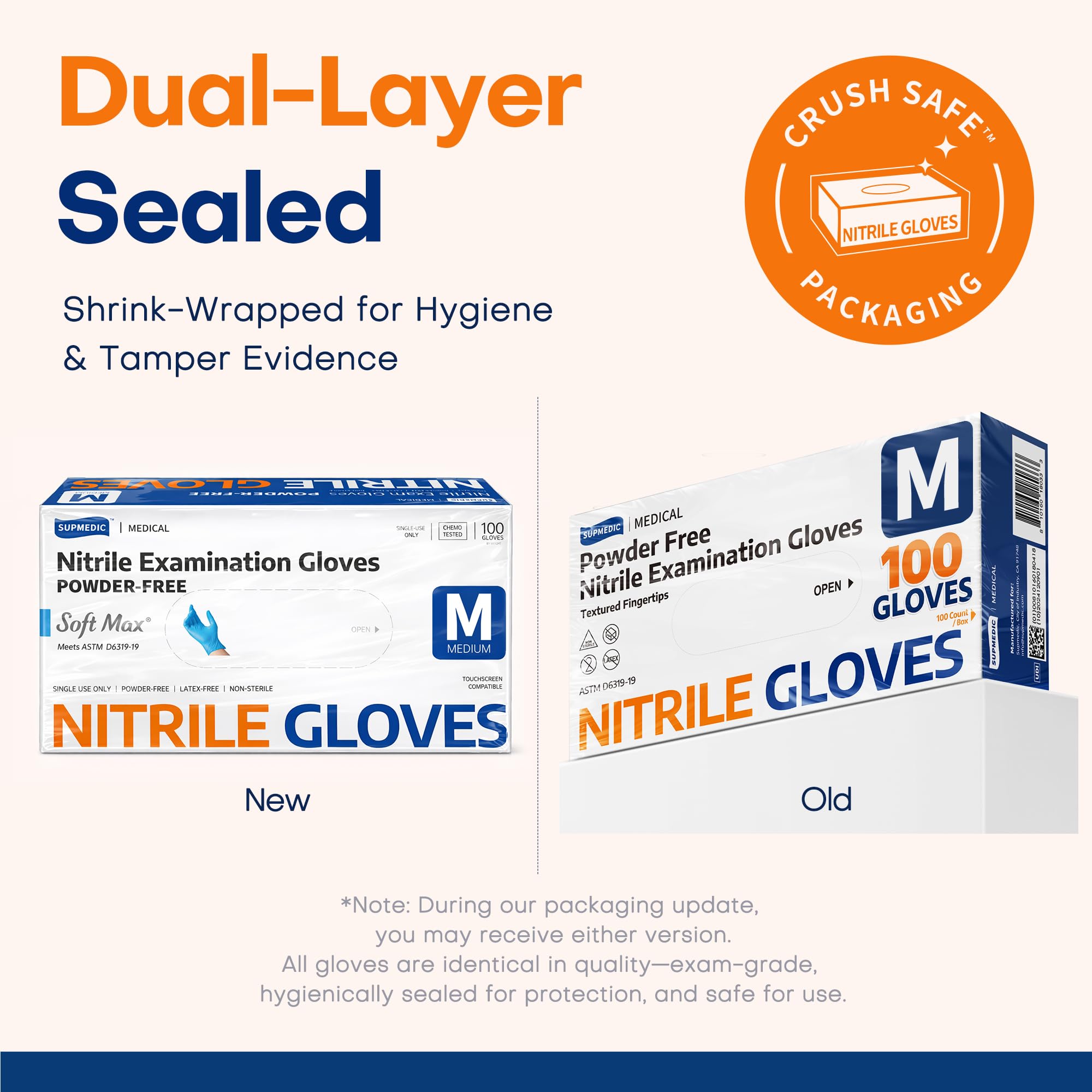 Supmedic packaging label close-up highlighting powder-free latex-free features