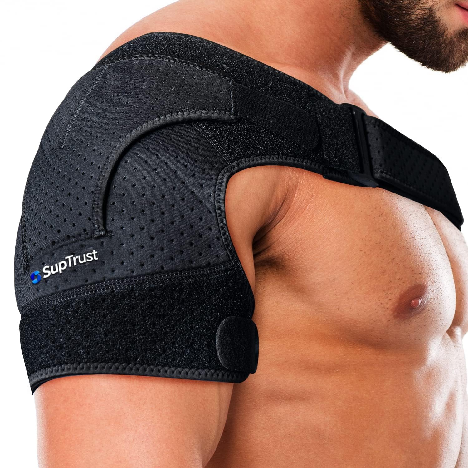 Suptrust shoulder brace front view showing secure fit and stability benefit