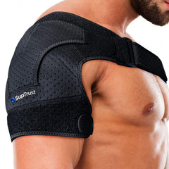 Suptrust shoulder brace front view showing secure fit and stability benefit