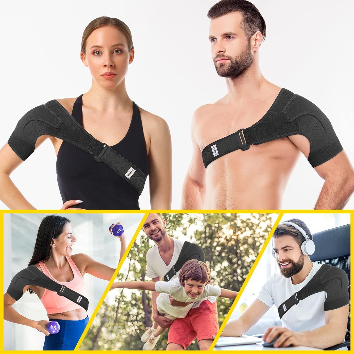 Suptrust brace worn on left shoulder illustrating universal fit benefit