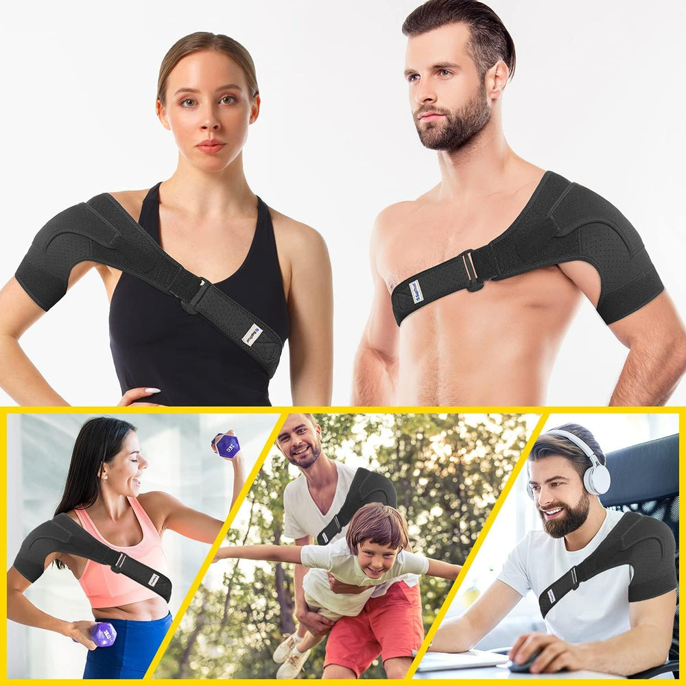 Suptrust brace worn on left shoulder illustrating universal fit benefit
