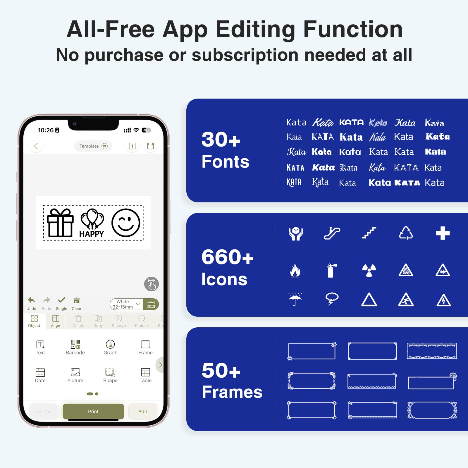 SUPVAN E11 app screen on phone displaying fonts and icons for customized labels
