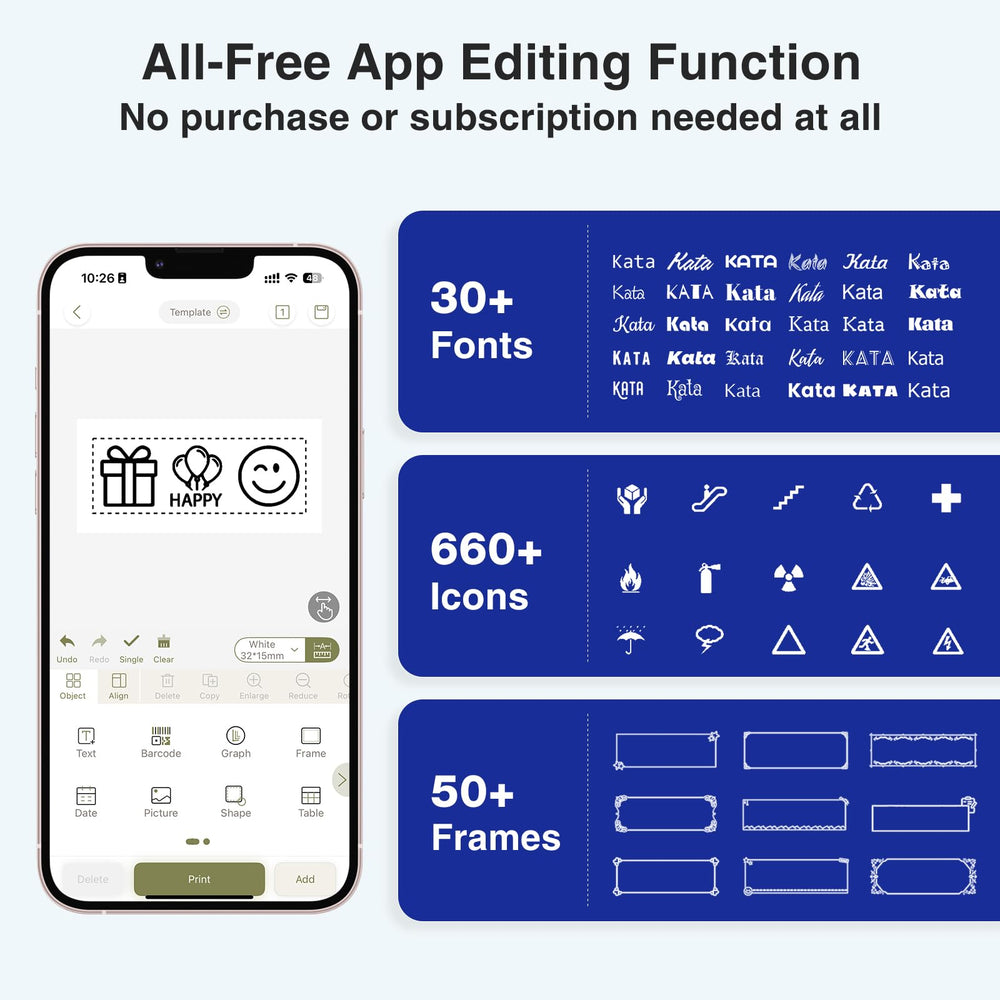 SUPVAN E11 app screen on phone displaying fonts and icons for customized labels