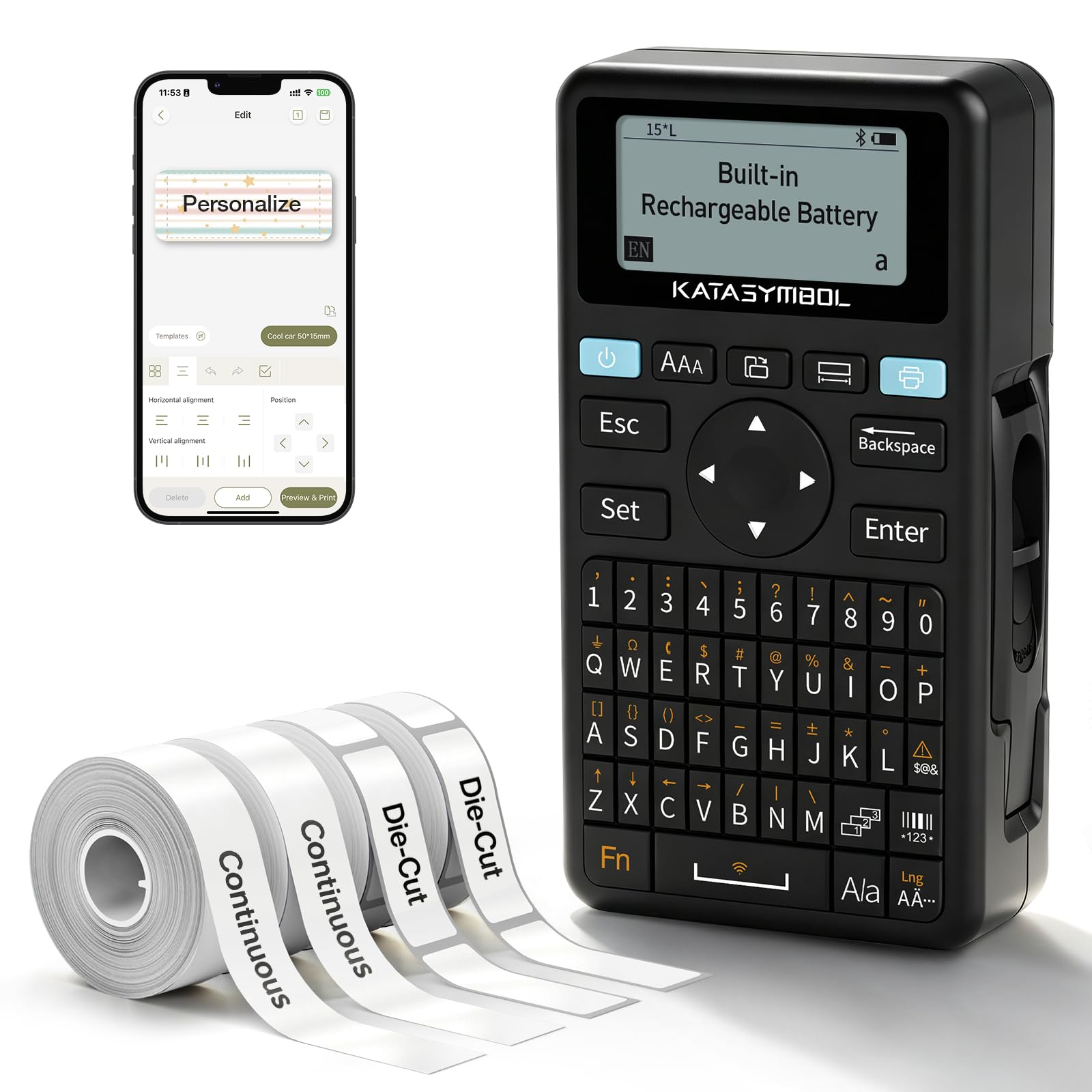 SUPVAN E11 front view showing compact design and label outlet, easy portable labeling