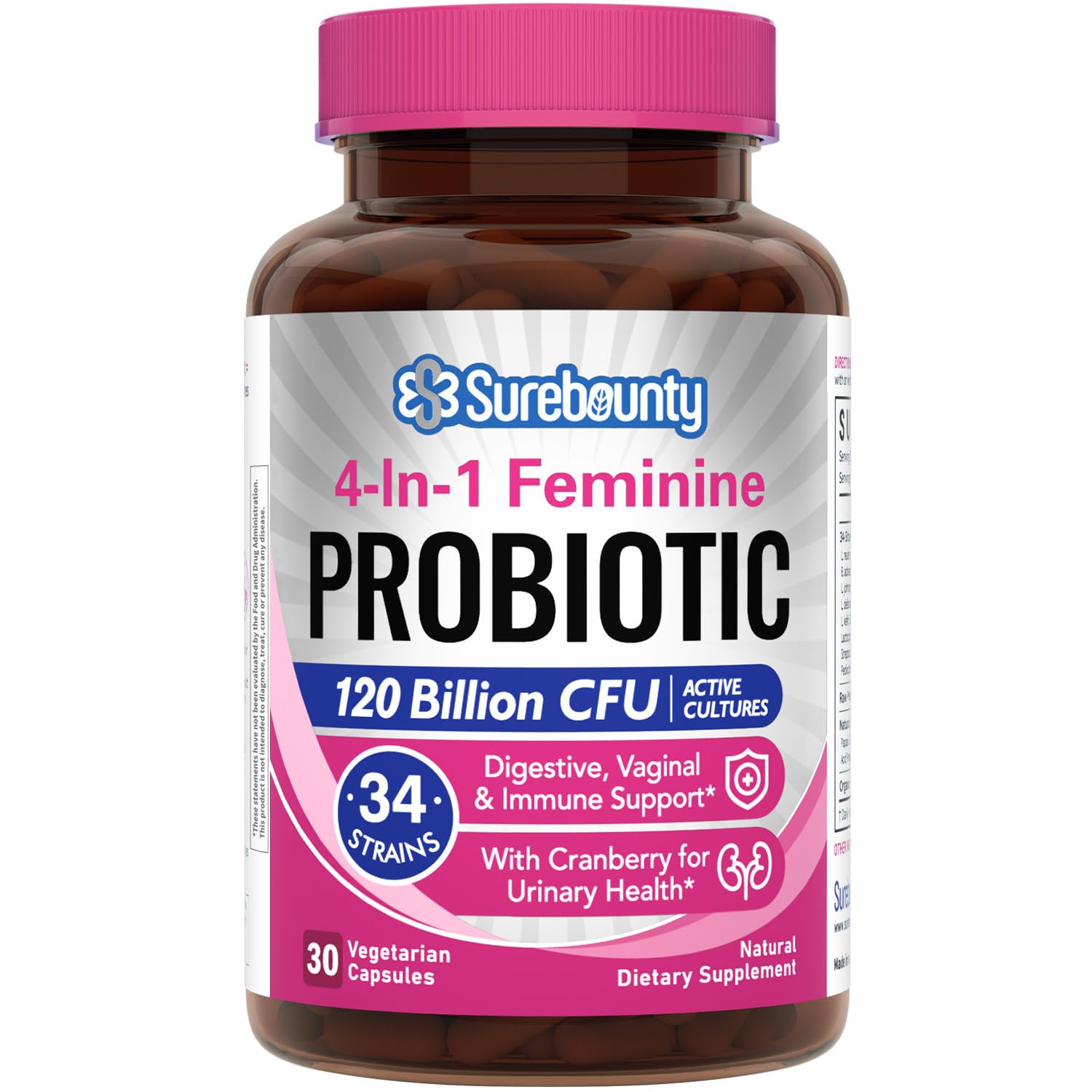 Surebounty front packaging showing 4‑in‑1 probiotic benefits