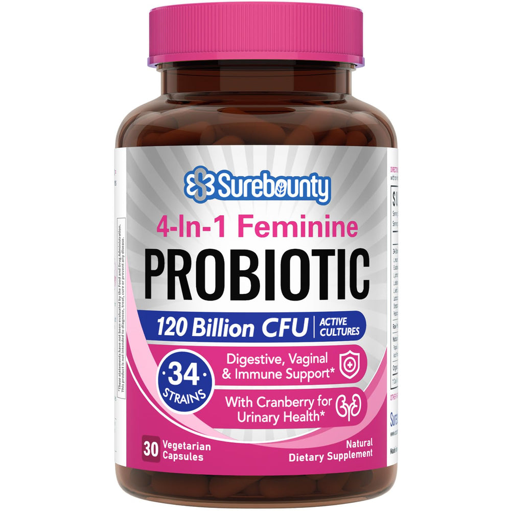 Surebounty front packaging showing 4‑in‑1 probiotic benefits