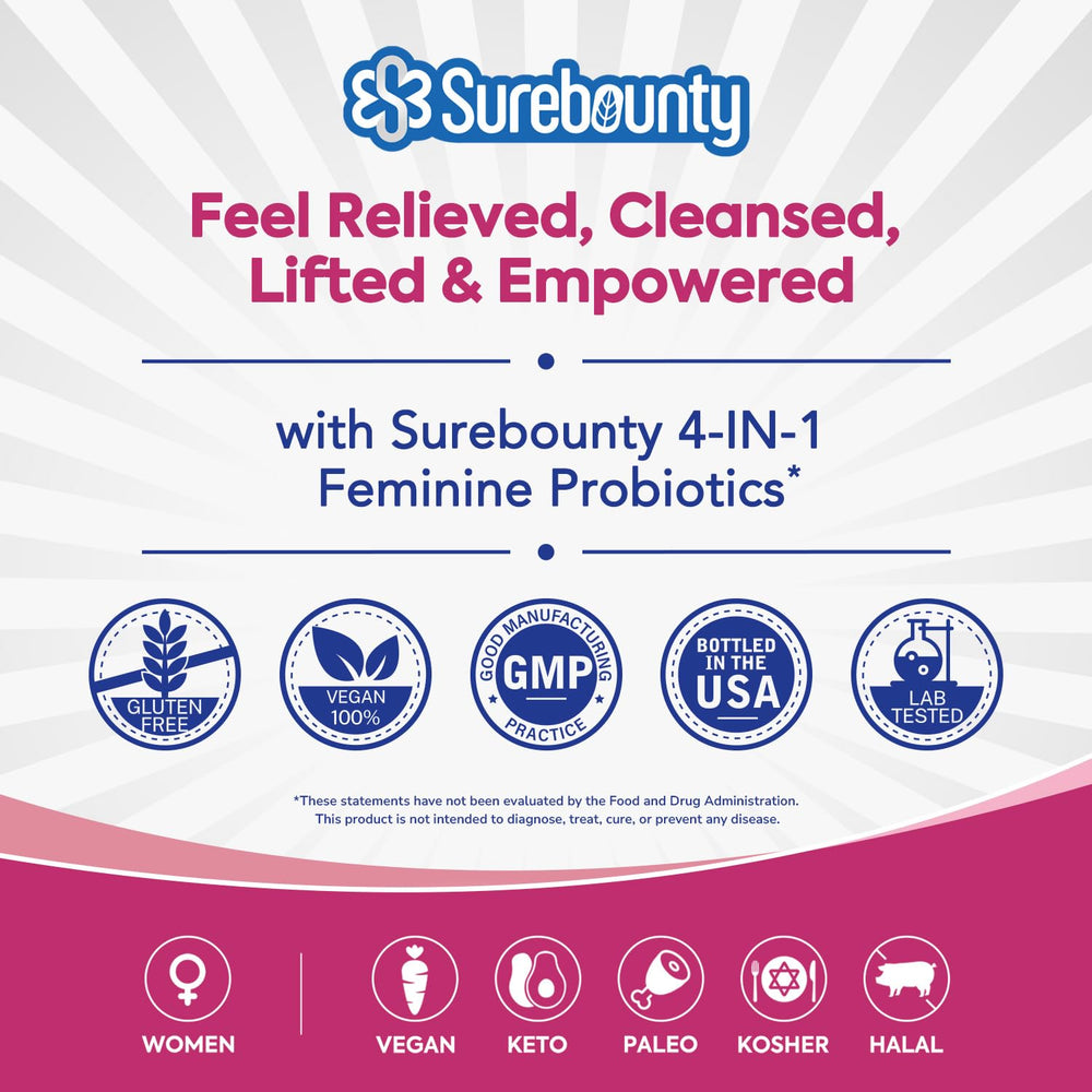 Surebounty on a bathroom shelf conveying feminine wellness routine