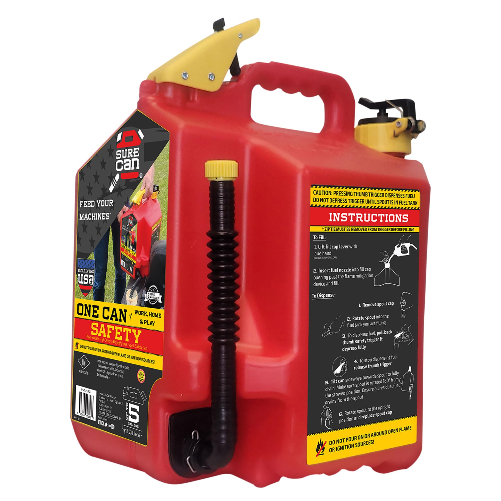 SureCan front view showing red 5-gallon can and clear labeling for visibility