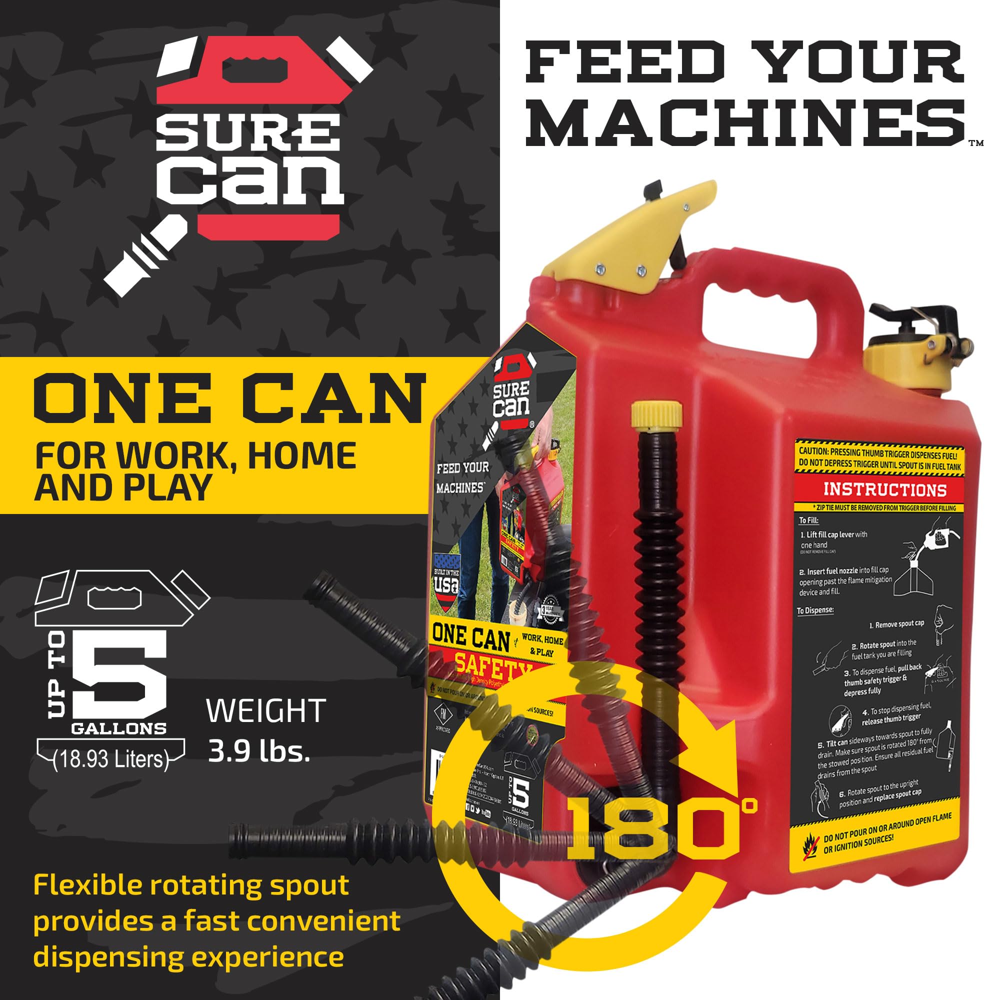 SureCan side label showing 5-gallon capacity and utility information benefit