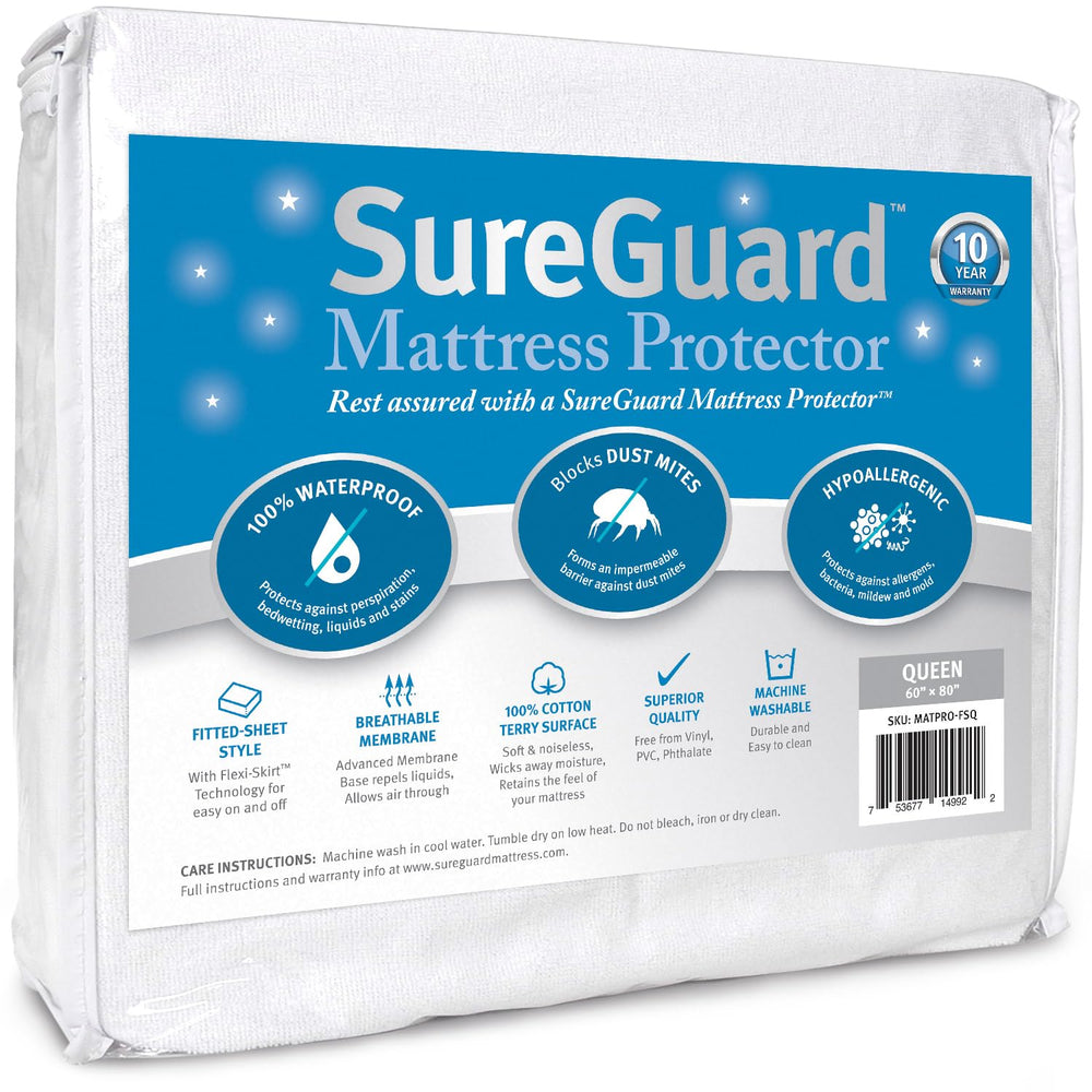 SureGuard front packaging for queen mattress protector showing brand and benefits