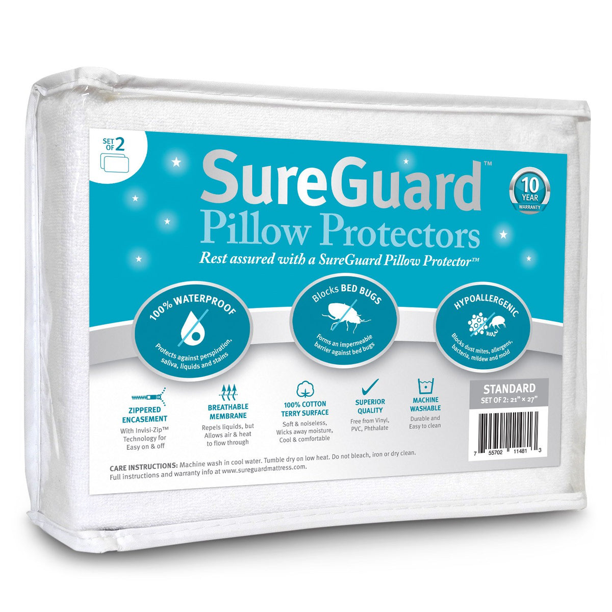 SureGuard front view of pillow protector showing clean fit and protection benefit