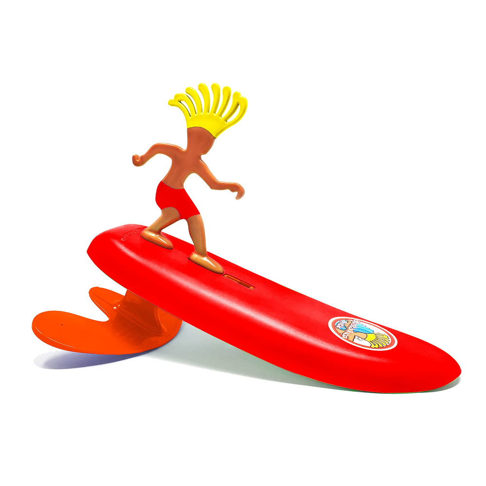 Surfer Dudes Costa Rica Rick front view showing colorful mini-surfer and board benefits durability