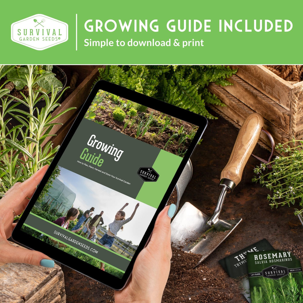 SURVIVAL GARDEN SEEDS seed packet label displayed to show heirloom, non-GMO status