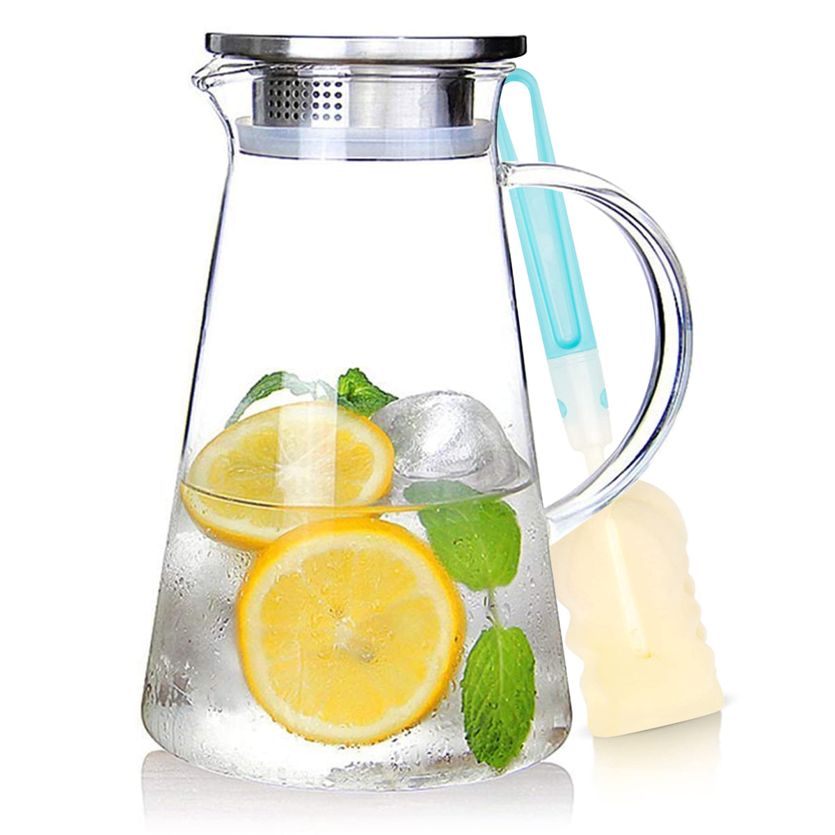 SUSTEAS glass pitcher front view showing durable borosilicate and elegant shape