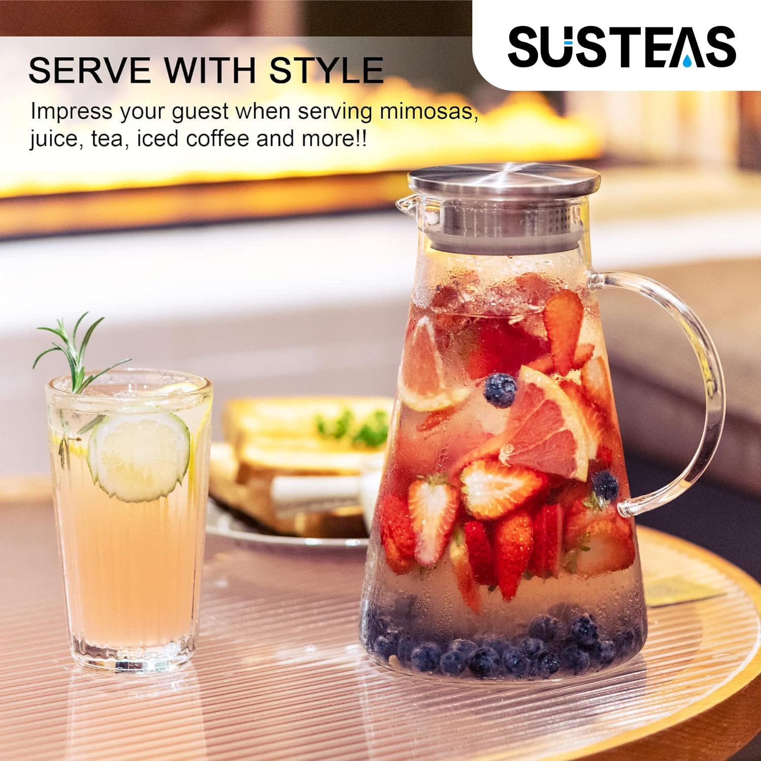SUSTEAS pitcher on table with drinks showcasing attractive presentation benefit