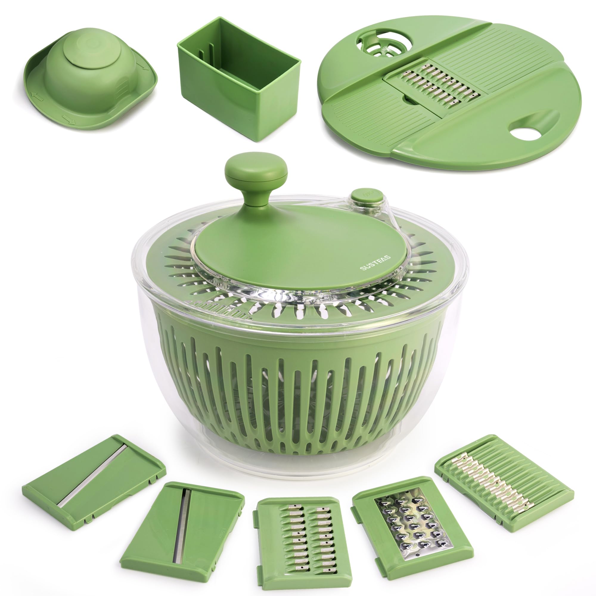 SUSTEAS salad spinner front view showing bowl and lid for quick prep