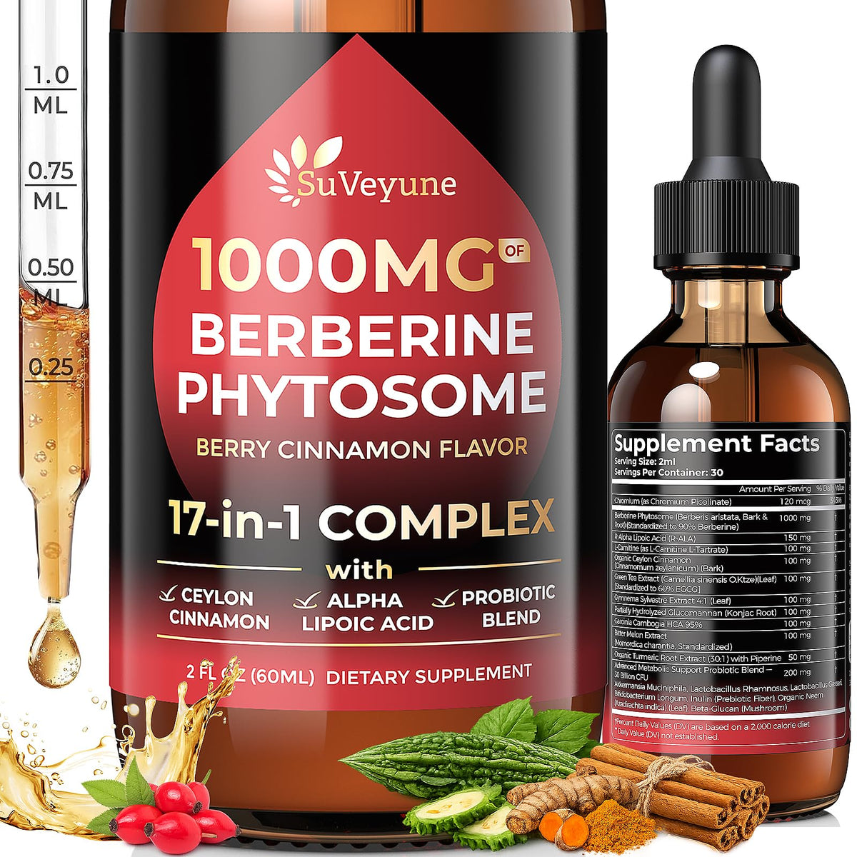 SuVeyune front bottle showing berberine cinnamon label and benefit clarity