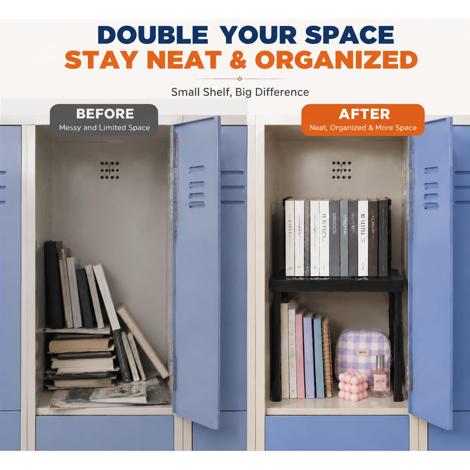 Svartur two shelves stacked inside a metal locker maximizing storage