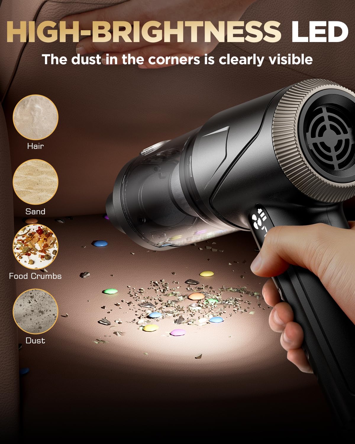 Svoko vacuum cleaning a car seat, removing pet hair and crumbs for cleaner interiors