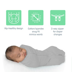 Two-way zipper close-up on SwaddleMe Pod demonstrating quick diaper-access benefit