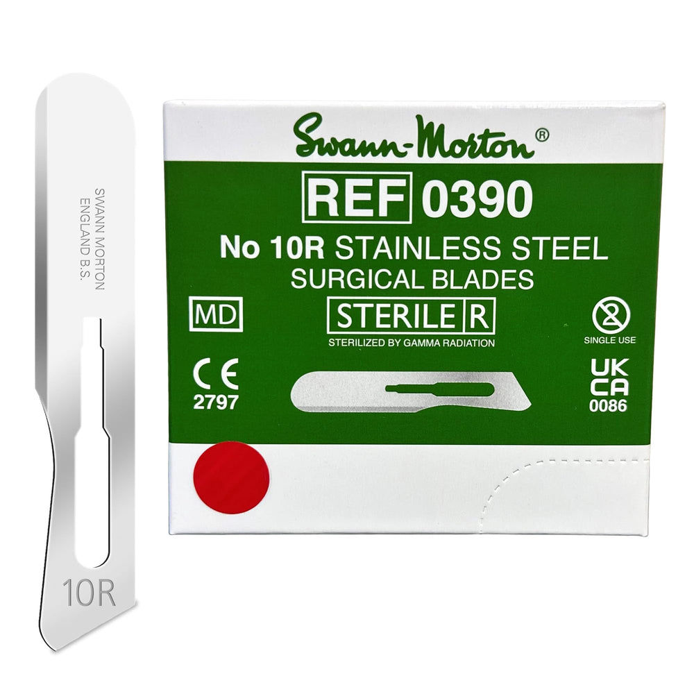 Swann-Morton front packaging showing box of 100 blades and professional reliability