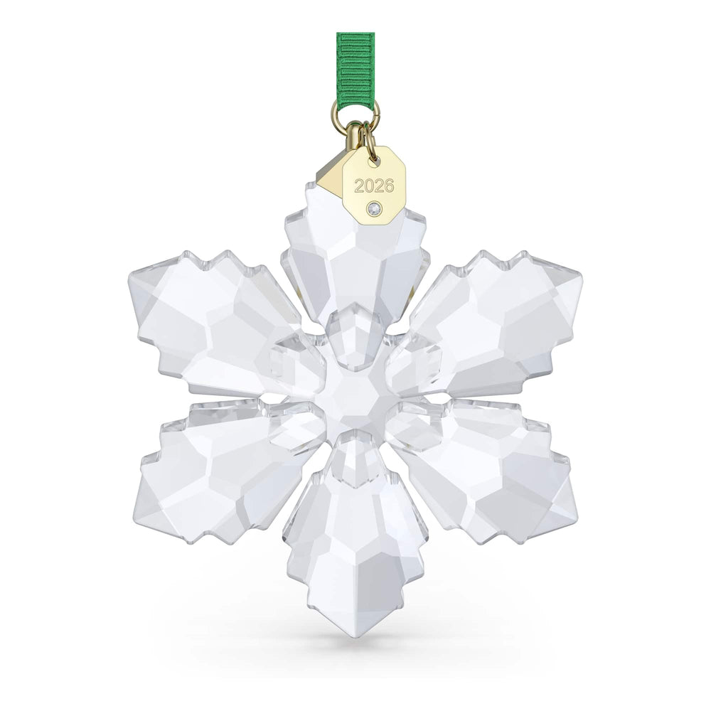 Swarovski ornament front view showing geometric snowflake and sparkle benefit