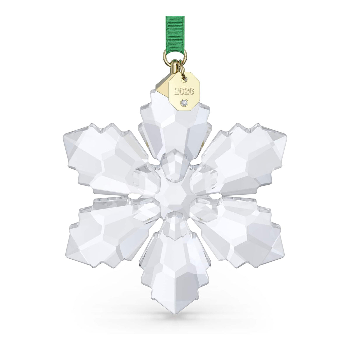 Swarovski ornament front view showing geometric snowflake and sparkle benefit