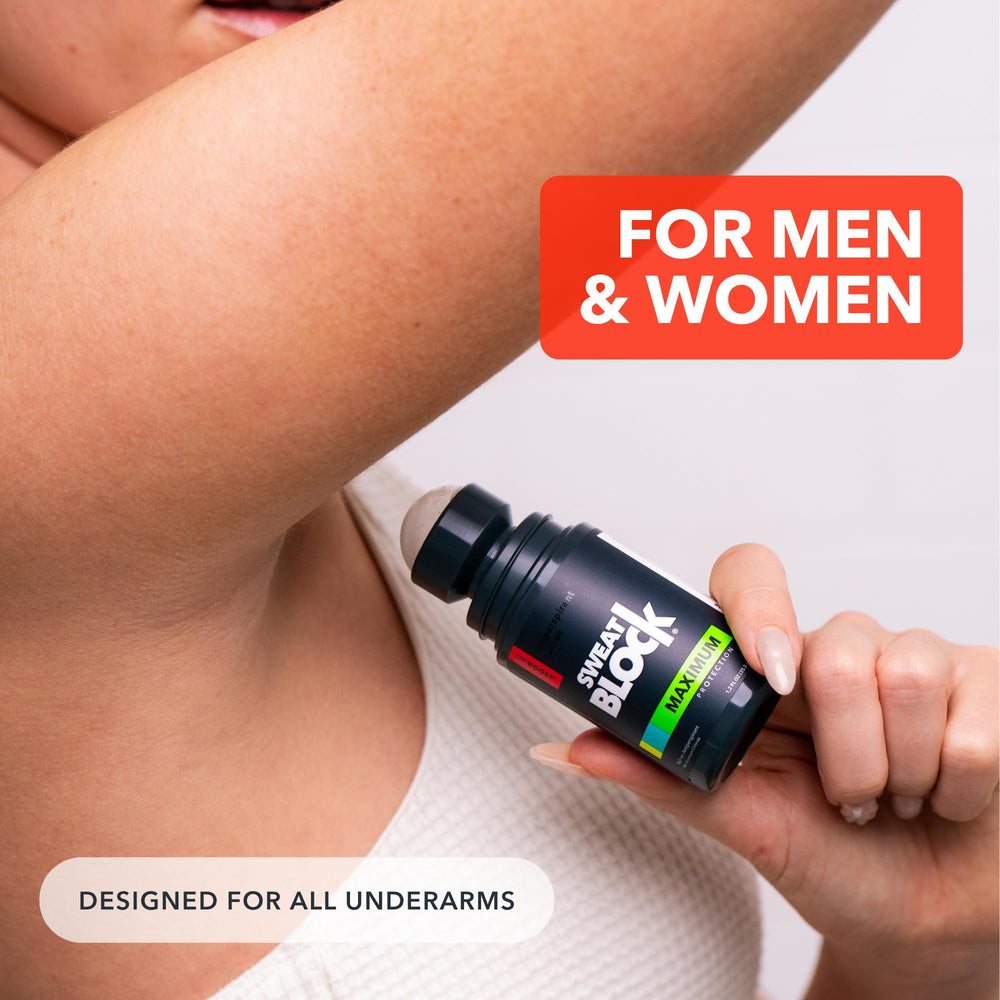 Clear view of SweatBlock label listing active ingredient and clean formula